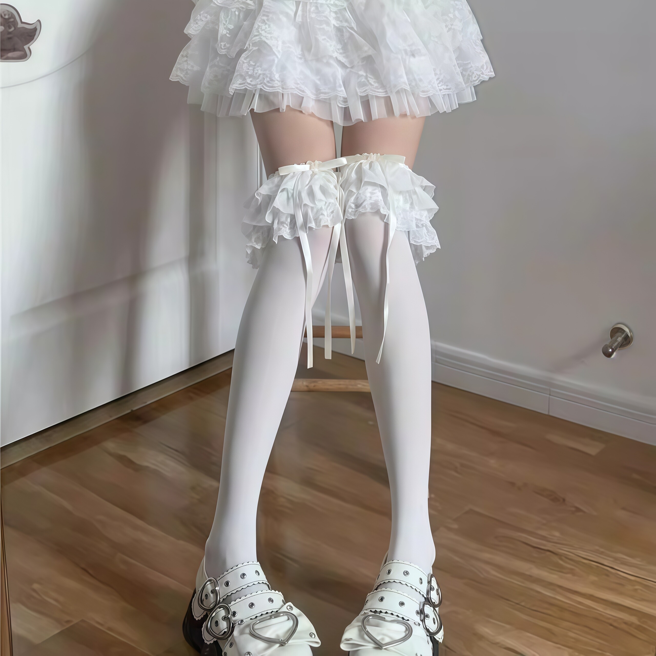 洛丽塔风蕾丝多层大花边小腿袜日系jk蝴蝶结甜美中筒袜子女lolita