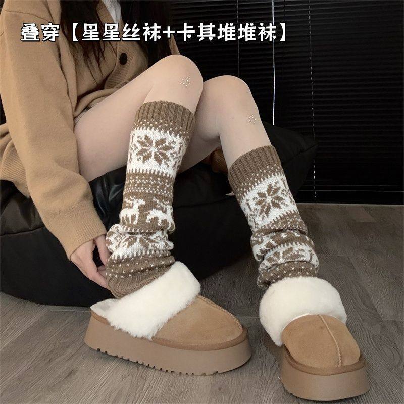 韩系穿搭堆堆袜女款秋冬针织腿套雪花显瘦保暖灰色小腿套圣诞复古