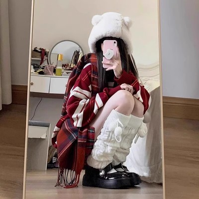 秋冬毛球针织袜套女保暖堆堆袜小腿袜jk韩版雪地靴长筒袜麻花腿套