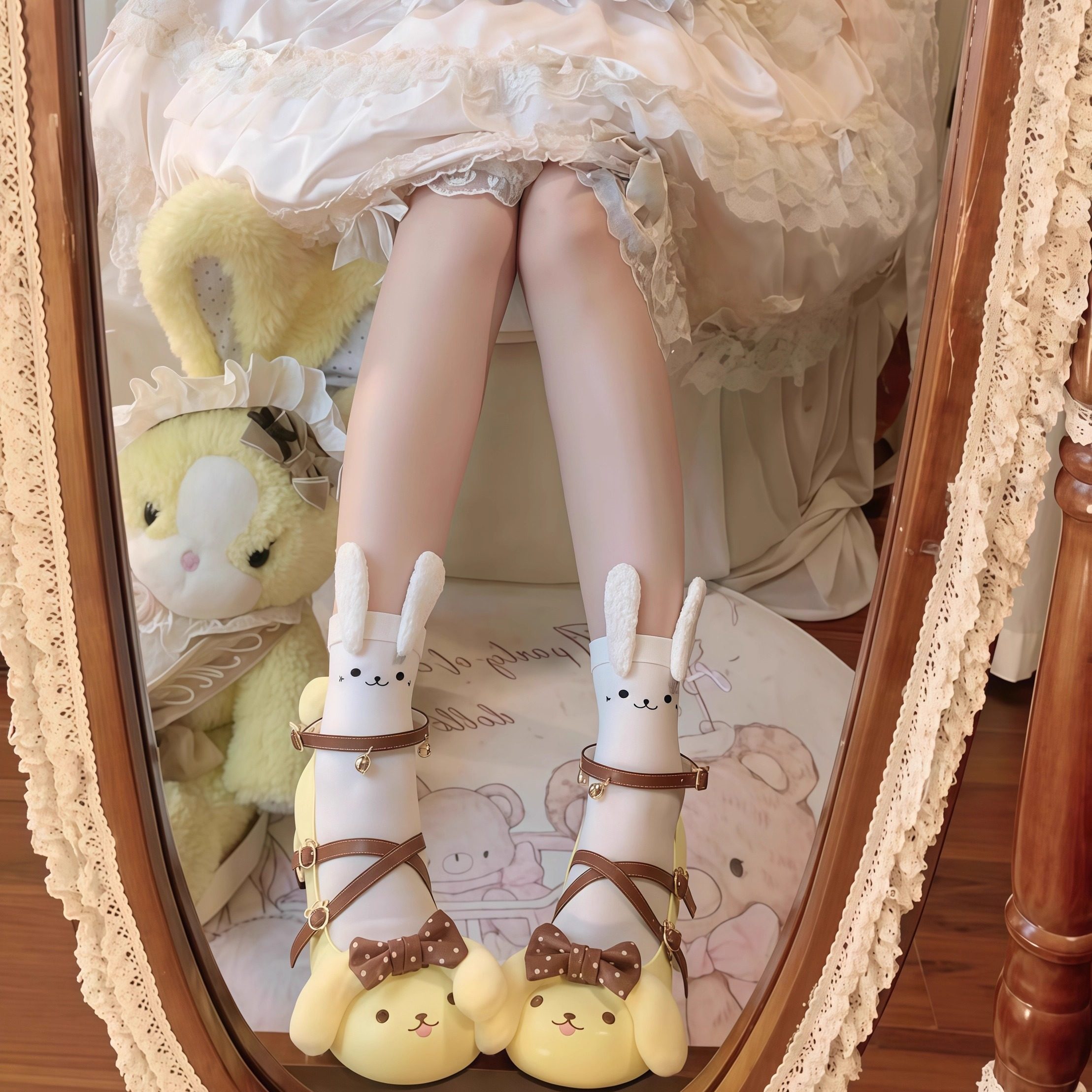 秋季新款日系洛丽塔少女中筒袜女立体兔耳朵可爱袜子软妹jk皮鞋袜