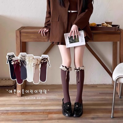 蕾丝花边小腿袜子春秋款美拉德飘带蝴蝶结中长筒袜及咖色JK堆堆袜