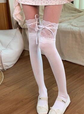 lolita蕾丝花边过膝袜子白色女丝带蝴蝶结中长筒袜JK秋薄款小腿袜