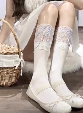 蝴蝶结袜子女甜美丝带lolita中筒袜白色棉袜蕾丝花边短筒袜萝莉JK