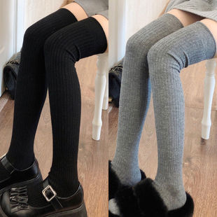 保暖棉袜秋冬款 高筒过膝袜子女加厚大腿袜女JK显瘦加长纯黑灰色袜