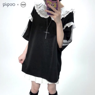 YUN-02联名款pipoo原创原宿晕晕机能风赛博亚文化萌系荷叶边领T恤