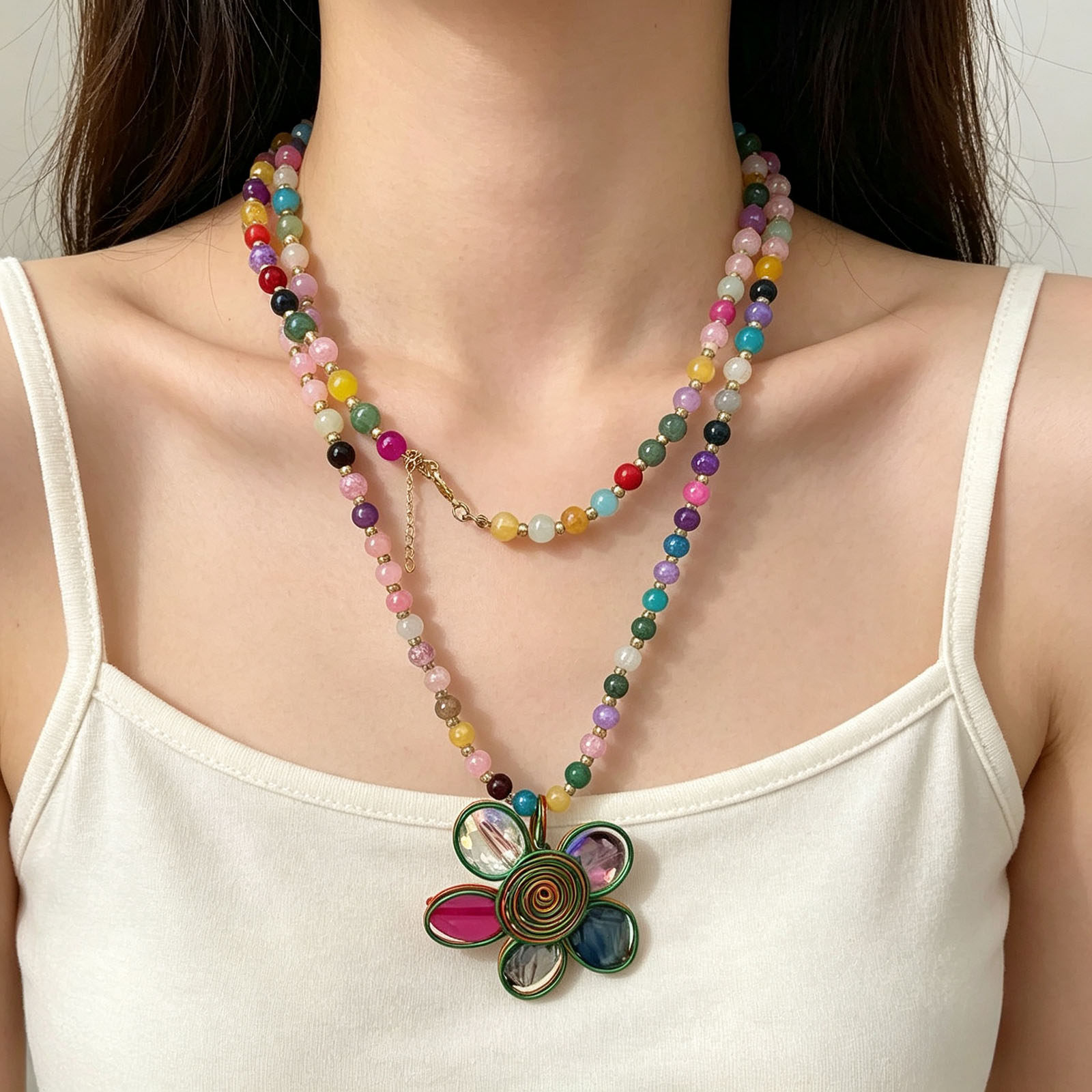 夏日多巴胺彩色串珠花朵长款项链毛衣设计配饰层叠复古度假锁骨