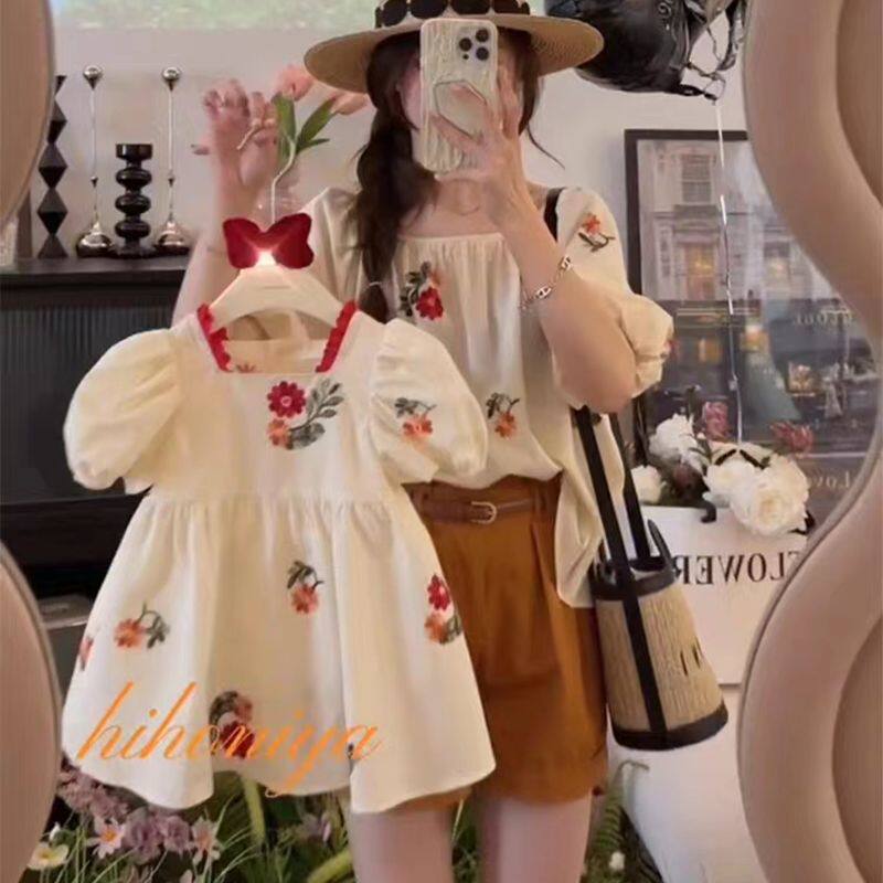 母女炸街高端亲子装夏装新款玫瑰花刺绣母女装上衣清新女童连衣裙