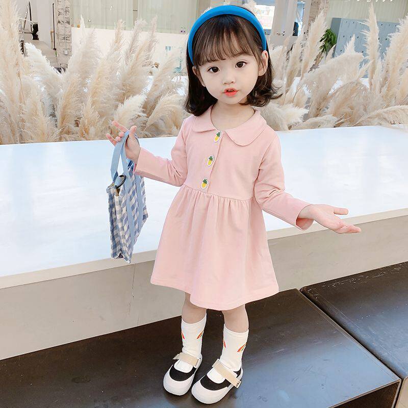 女童长袖连衣裙纯棉春秋装韩版婴儿洋气款儿童公主裙宝宝纯色裙子