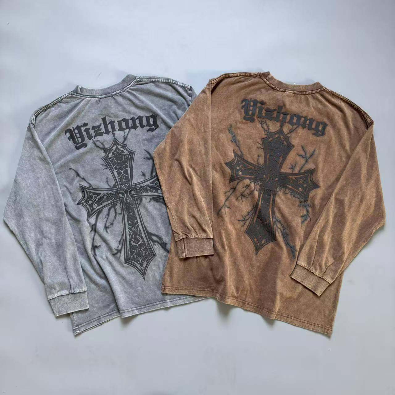 美式重磅纯棉长袖T恤圆领水洗做旧男女十字架印花宽松打底衫上衣