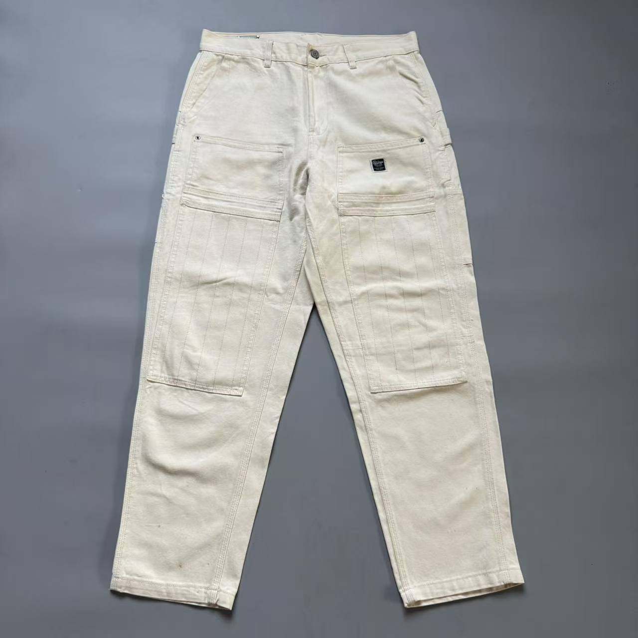 潮牌货尾 日系复古做旧宽松米白牛仔裤水洗直筒多口袋伐木裤工装,男装,休闲裤,淘宝优惠券,粉丝福利购,淘宝优惠卷