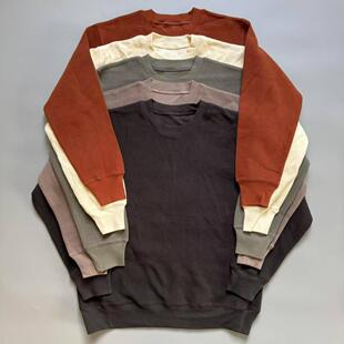 日系小领口 纯棉条纹复古微弹做旧水洗圆领条绒卫衣百搭打底外套