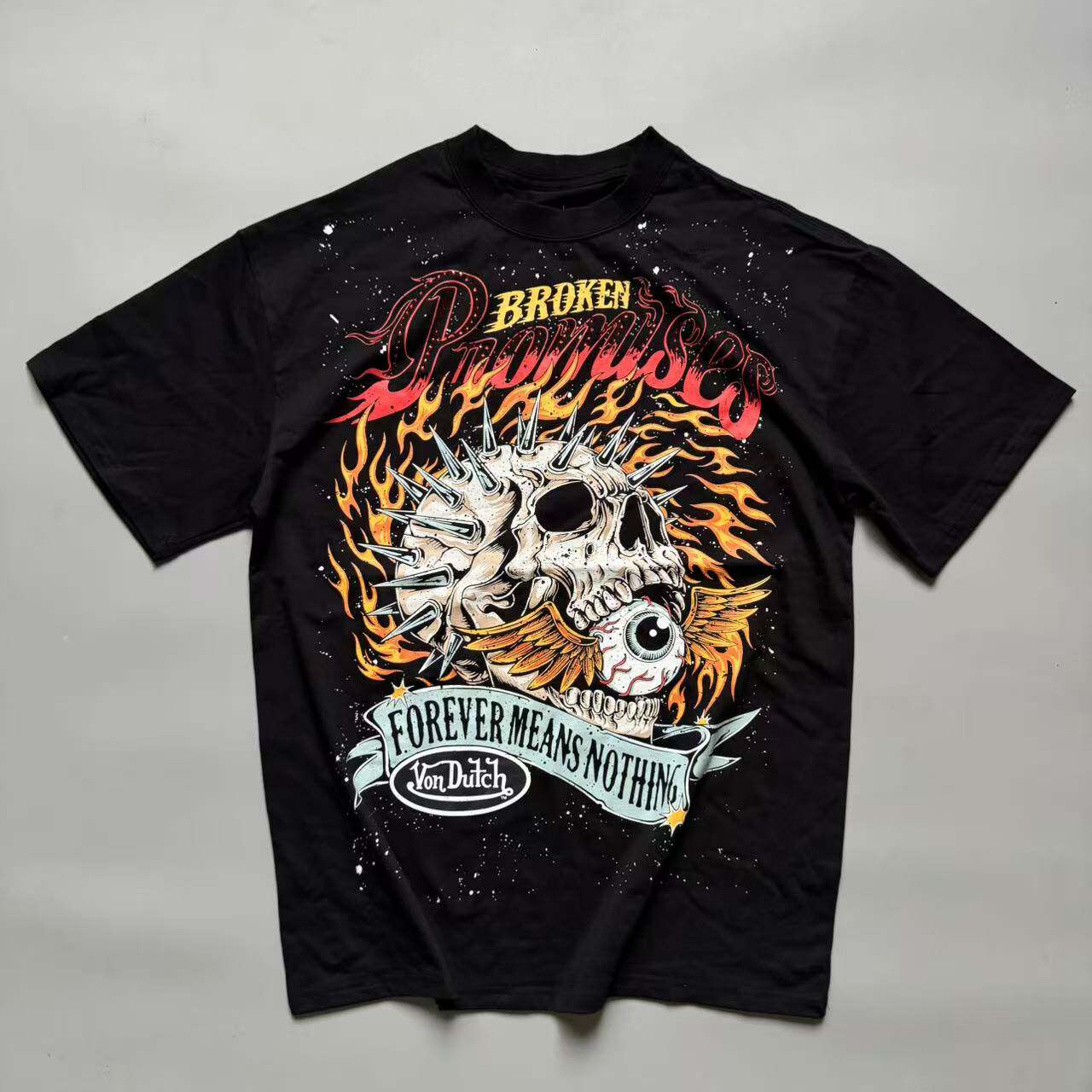 美式复古摇滚骷髅头印花圆领短袖T恤男纯棉黑色重磅纯棉高街风潮