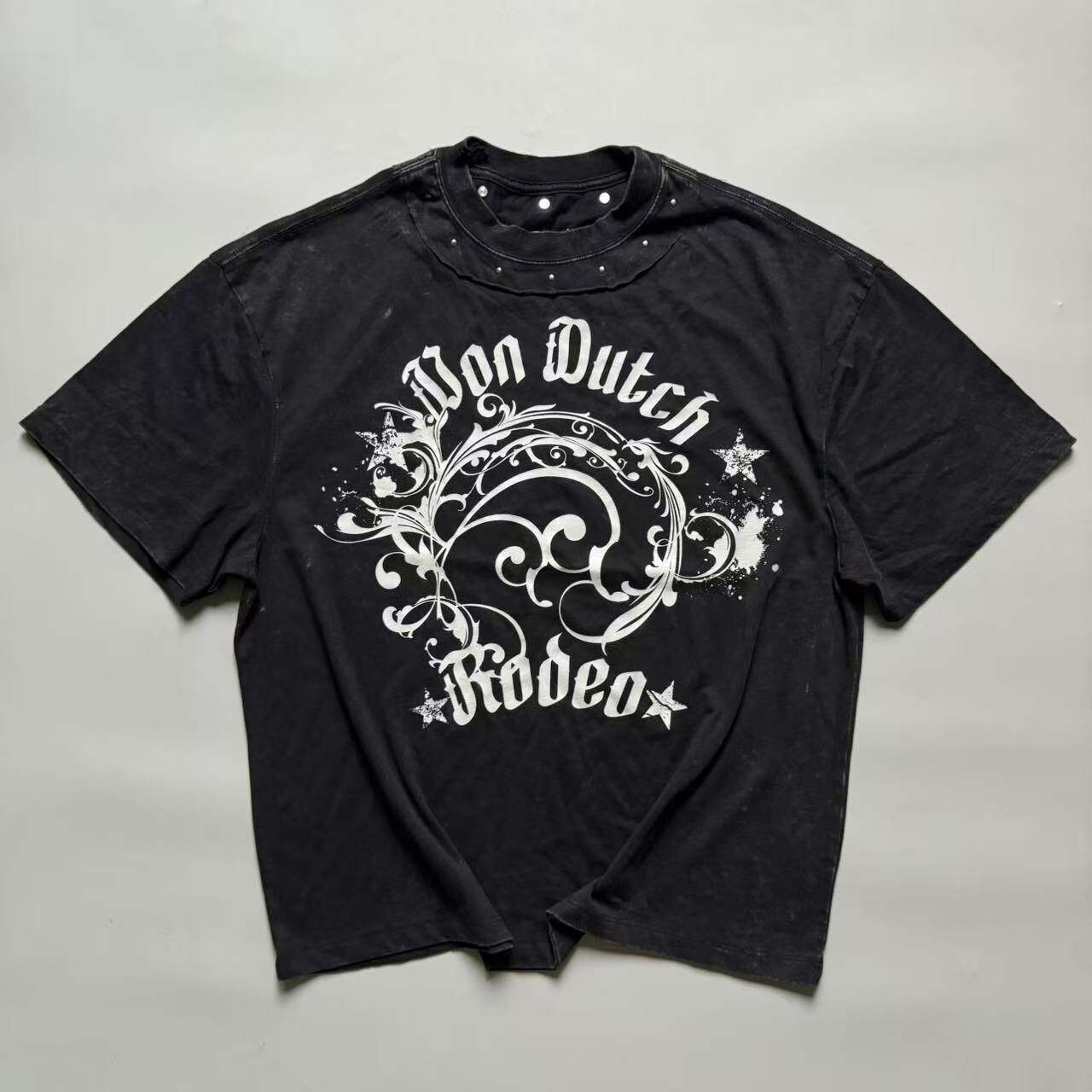 美式机车复古铆钉字母印花短袖T恤男女黑色圆领宽松版型上衣夏季