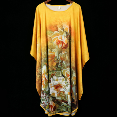 杭州丝绸真丝印花睡裙新款秋冬宽松大码蝙蝠袖睡衣中长款家居服女