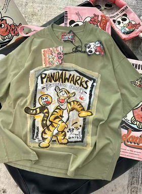 pandawarks夏季熊猫纸袋家纯棉短袖复古无感印花宽松百搭半袖T恤