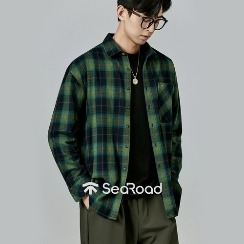 海上公路复古英伦格纹长袖衬衫男士秋季撞色100%纯棉百搭叠穿上衣