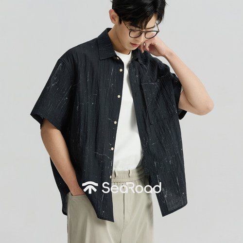 海上公路老树衬衫男士2026新款树纹肌理感夏季莱赛尔休闲短袖上衣