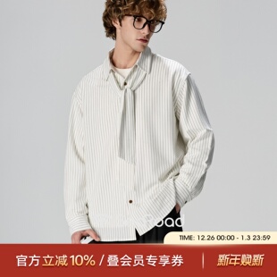 设计感百搭长袖 25年秋季 上衣 男士 海上公路可拆卸飘带撞色条纹衬衫