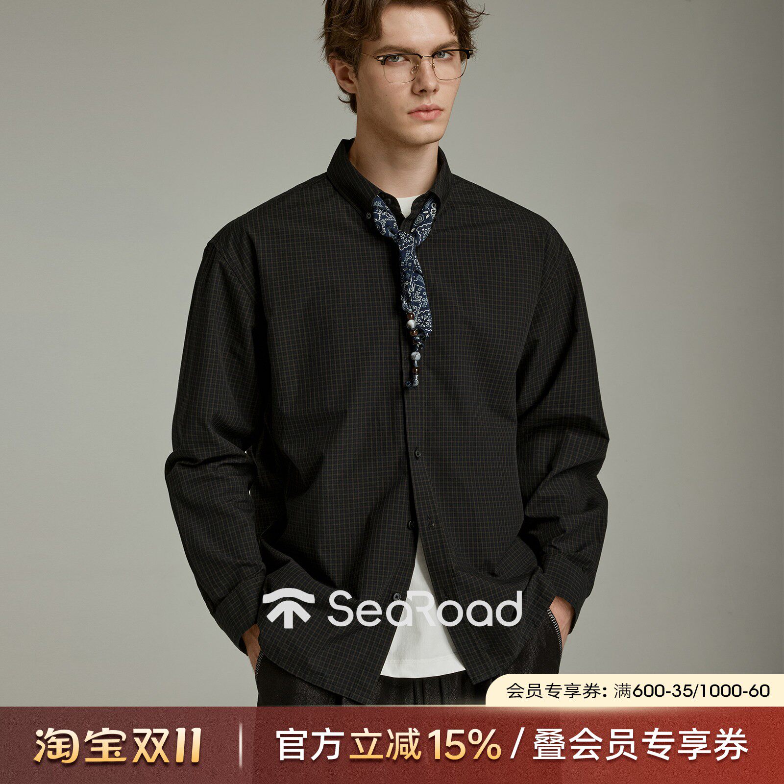 海上公路100%棉文艺格纹衬衫男士春秋可拆卸丝巾高智复古百搭上衣
