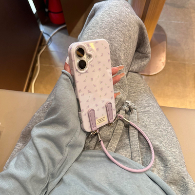 韩系个性紫色花朵带挂绳适用苹果16promax手机壳iPhone15女新款14高级感16超好看13时尚16Pro防摔15pro保护套