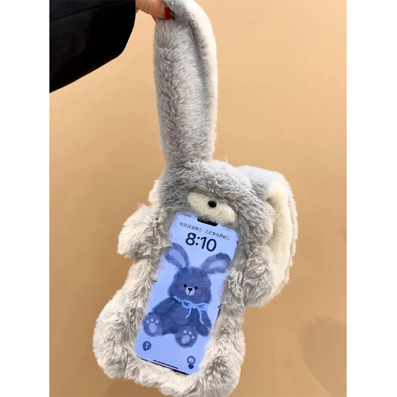 秋冬毛茸茸灰色大耳兔子适用苹果17promax手机壳iPhone17女16新款15可爱14超萌13网红16Pro防摔15pro保护套12