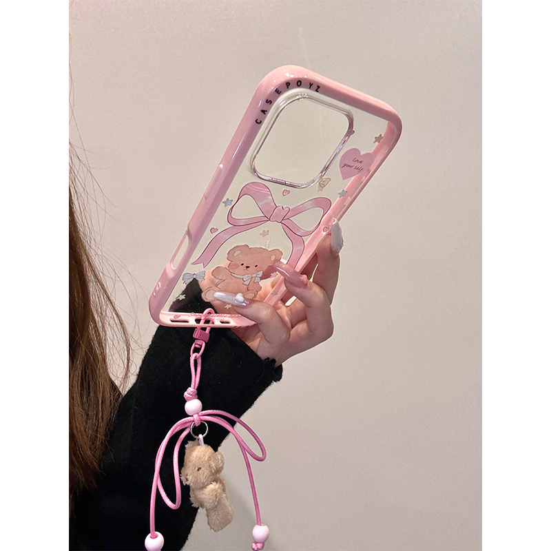 少女蝴蝶结可爱小熊带挂件适用苹果16promax手机壳iPhone15女新款14高级感16网红13小众16Pro防摔15pro保护套