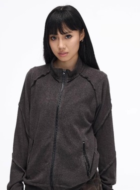 THE AIER A24074 哈梭外套紫色贴布拉链立领绒衫亲肤面料卫衣