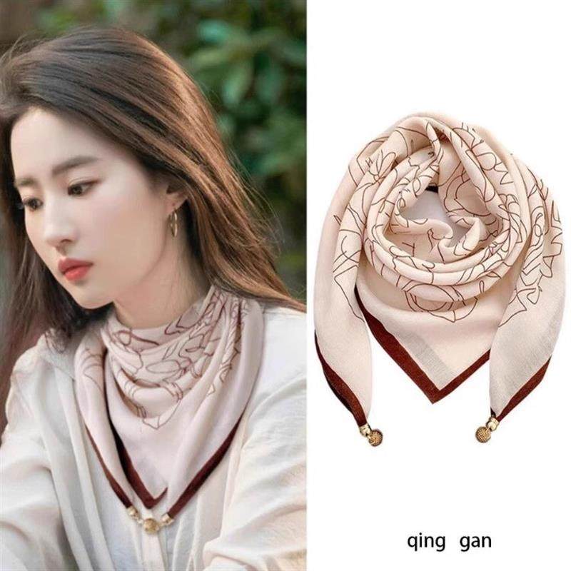 明星同款磁铁扣棉麻围巾大方巾三角丝巾围脖护颈国风复古洋气百搭