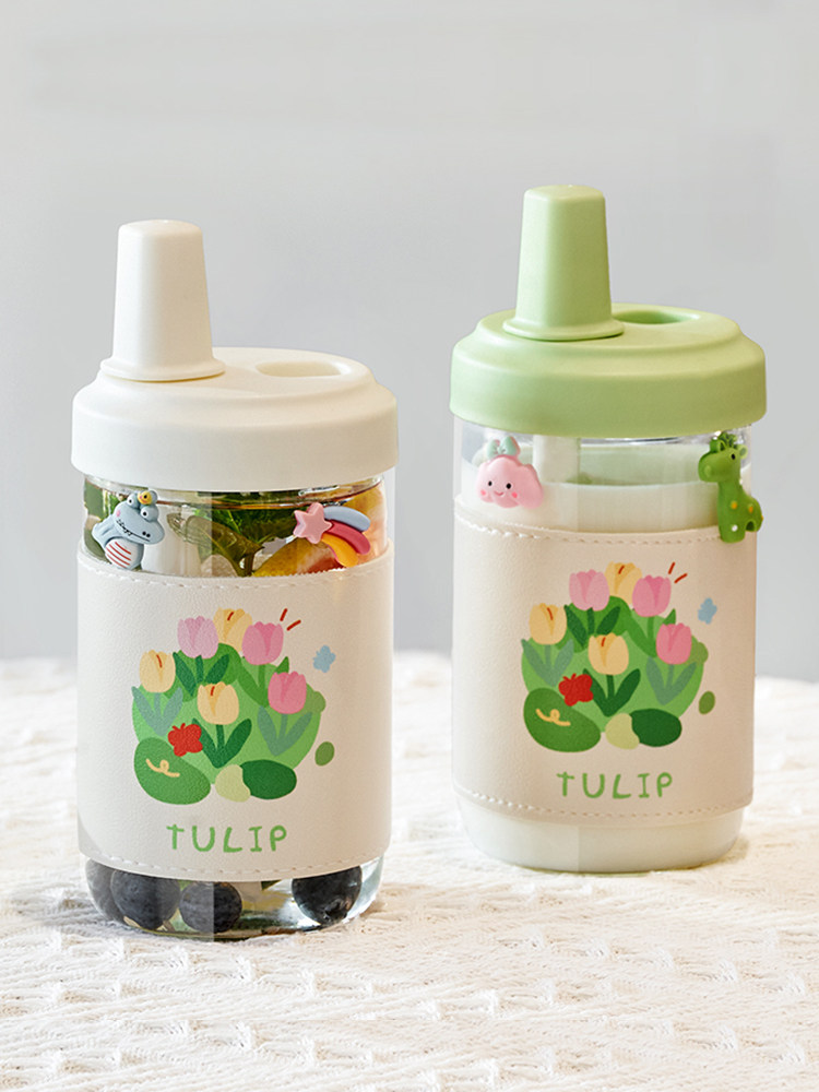 玻璃牛奶杯微波炉可加热豆浆杯家用便携外带密封粗吸管喝粥的杯子