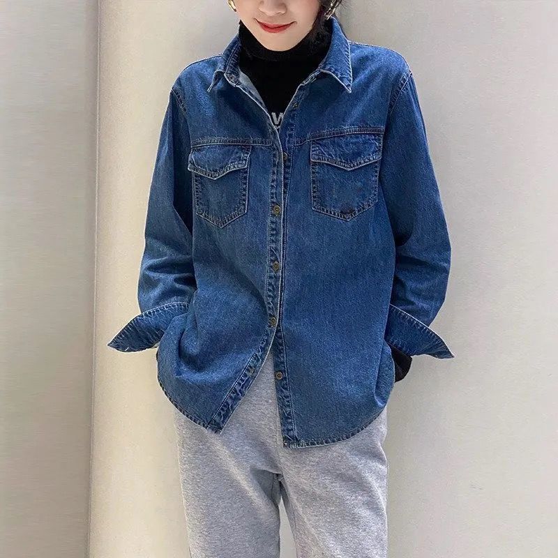 欧货复古牛仔衬衣女2026春秋新款宽松打底长袖叠穿衬衫外套上衣潮