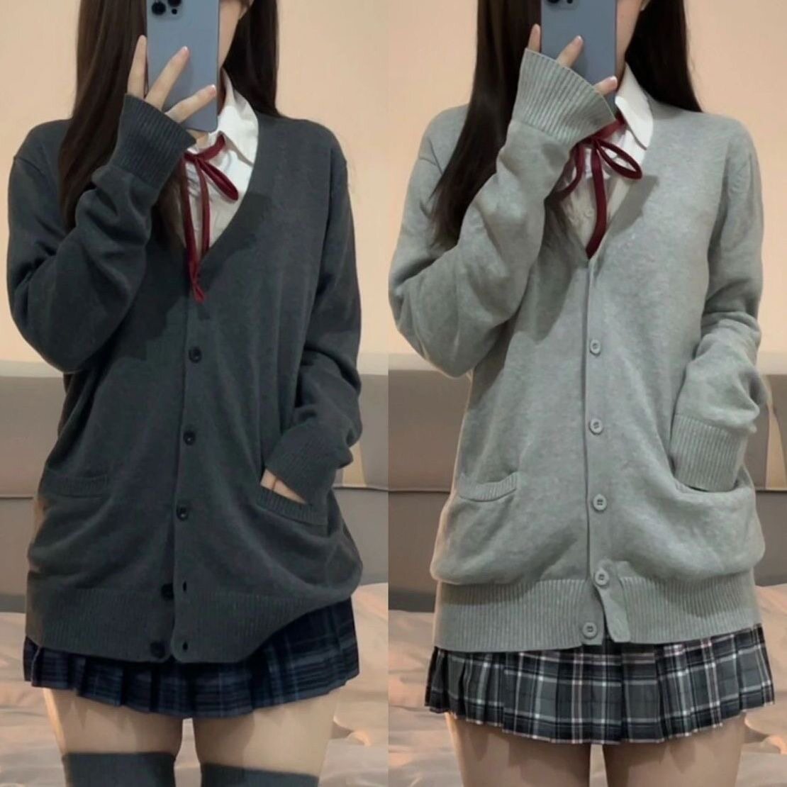 速发两件套/单件学院风jk制服针织开衫毛衣女v领宽松百搭秋冬长袖