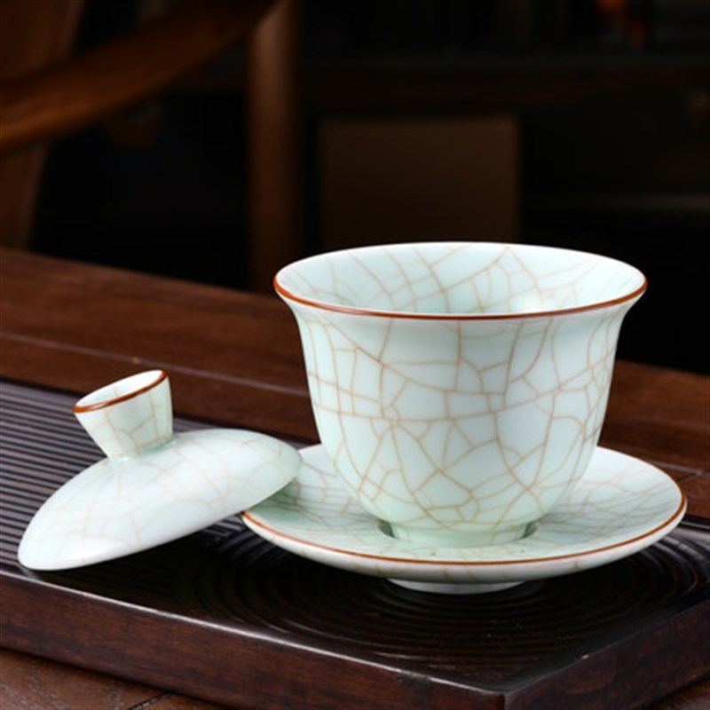速发汝窑功夫茶具茶养三才杯盖碗开片单个天青色可杯茶装泡套碗