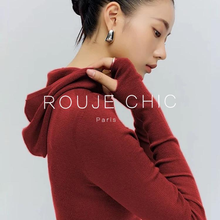 速发ROUJE CHIC法式红色连帽针织衫女早春季内搭打底毛衣上衣