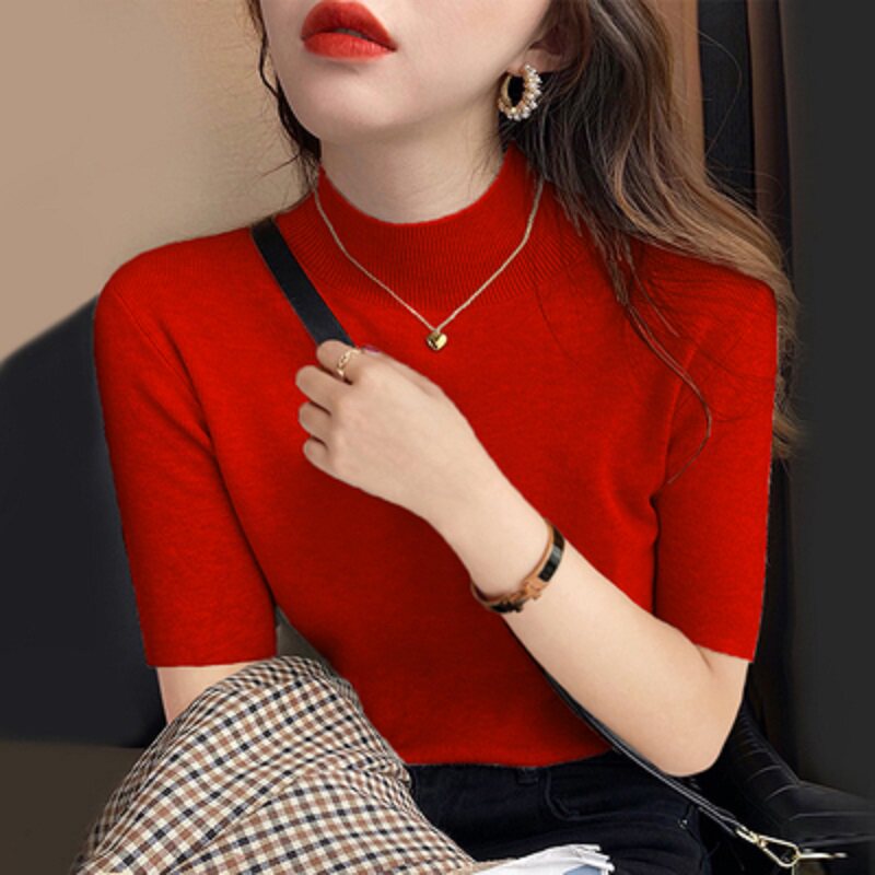 速发打底衫女春秋冬季内搭半高领毛衣女红色上衣洋气新款五分袖针