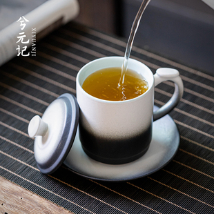 速发渐变水白陶瓷茶杯带盖带底碟家用黑克杯个人专用马杯杯子办公