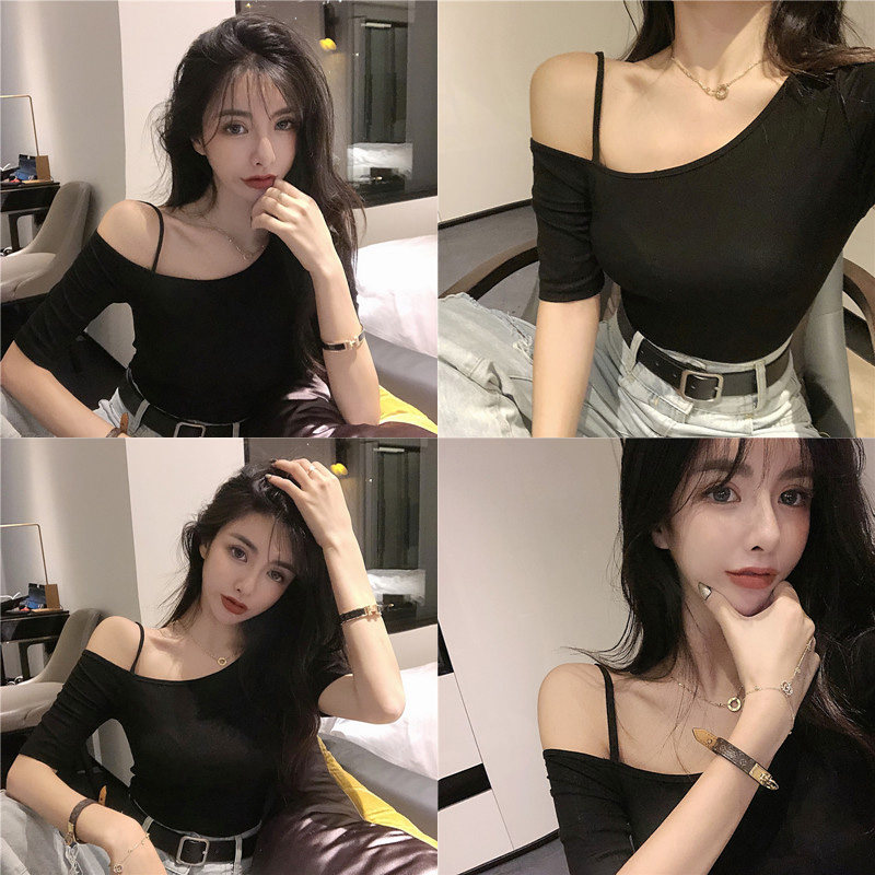 速发露肩上衣一字肩直播衣服气质女主播设计感性感紧身斜肩t恤潮