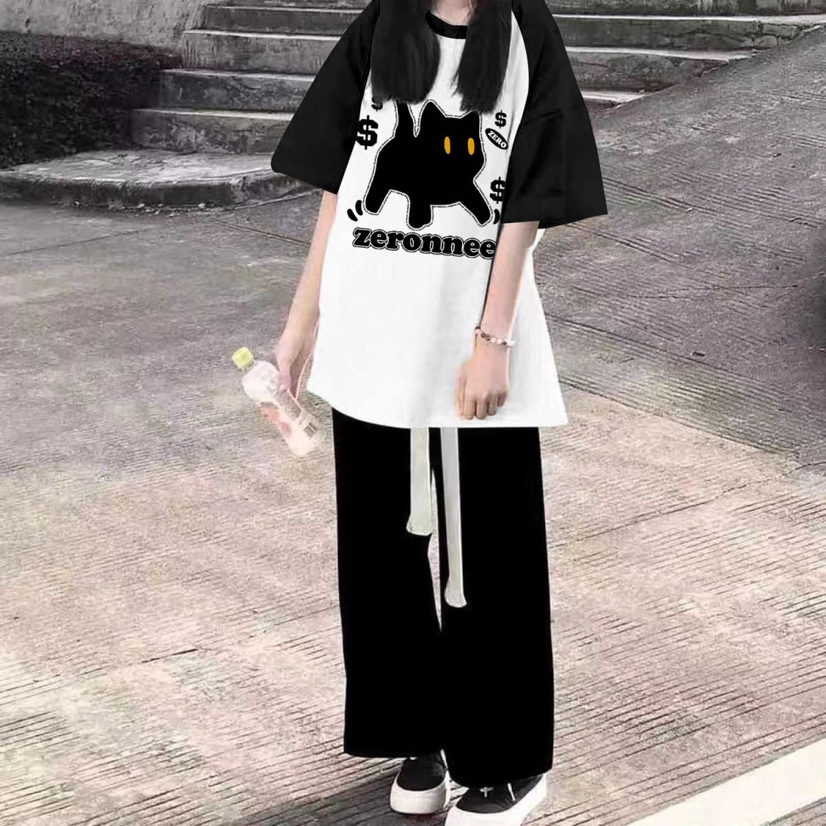 速发学院风时尚套装女夏装2024新款初中学生T恤+休闲阔腿裤两件套