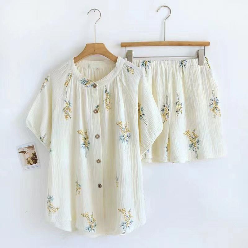 速发春夏季新款a类双层纯棉纱布薄款睡裙家居服套装夏日铃兰女士