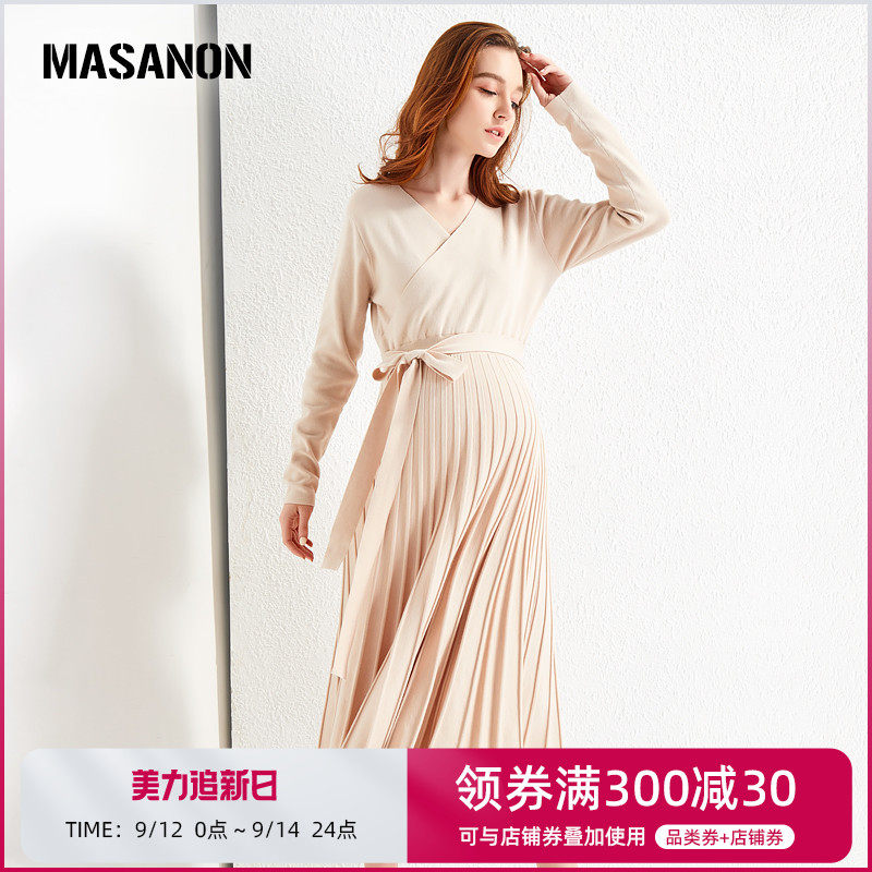 MASANON孕妇连衣裙秋季外穿可哺乳长裙潮妈V领百褶针织裙孕妇装秋