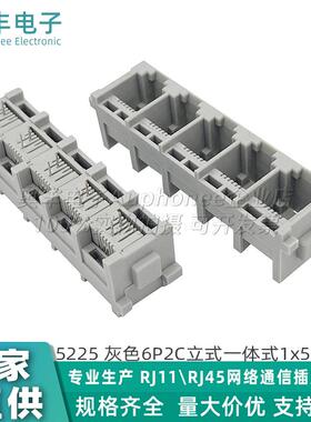 5225 灰色6P2C电话插座五口立式一体式1x5无铁脚网口连接器