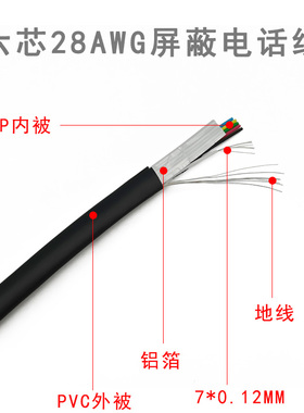 UL20251电话线28AWG黑色6芯带屏蔽信号连接线多功能整卷200米