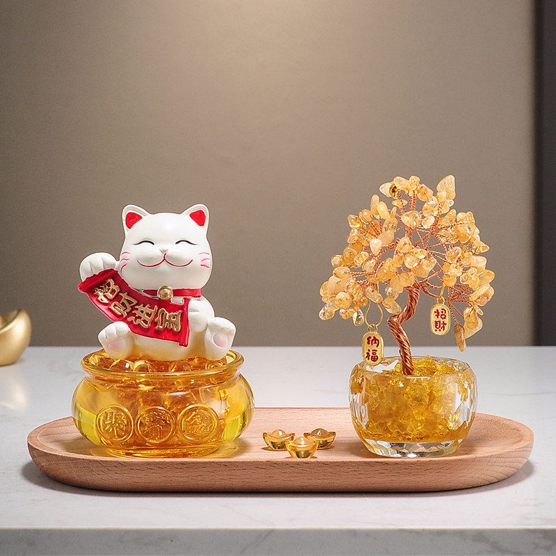 黄水晶树招财猫元宝摆件办公室工位玄学招财好运桌面装饰品礼物