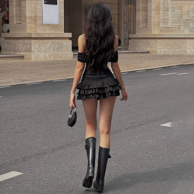 French Lace Jacquard Patchwork Slim-Fit Off-Shoulder Top for Women + Stylish Pleated Skirt Set