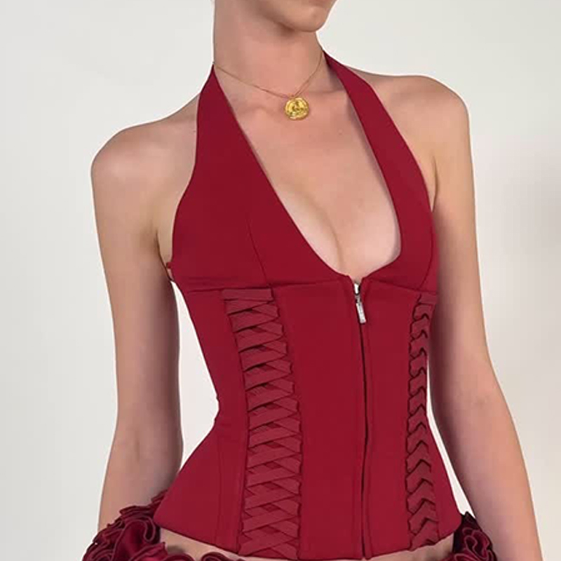 Jin Zhini's Same Style Fashionable Cross-Strap Zipper Slim Halter Top for Women, Red Backless Sexy Short Top