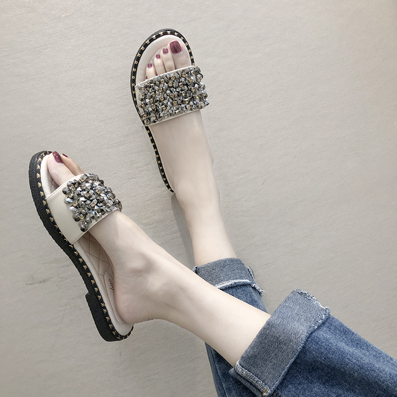 拖鞋女夏外穿2023年新款韩版百搭水钻一字凉拖海边度假沙滩女凉鞋