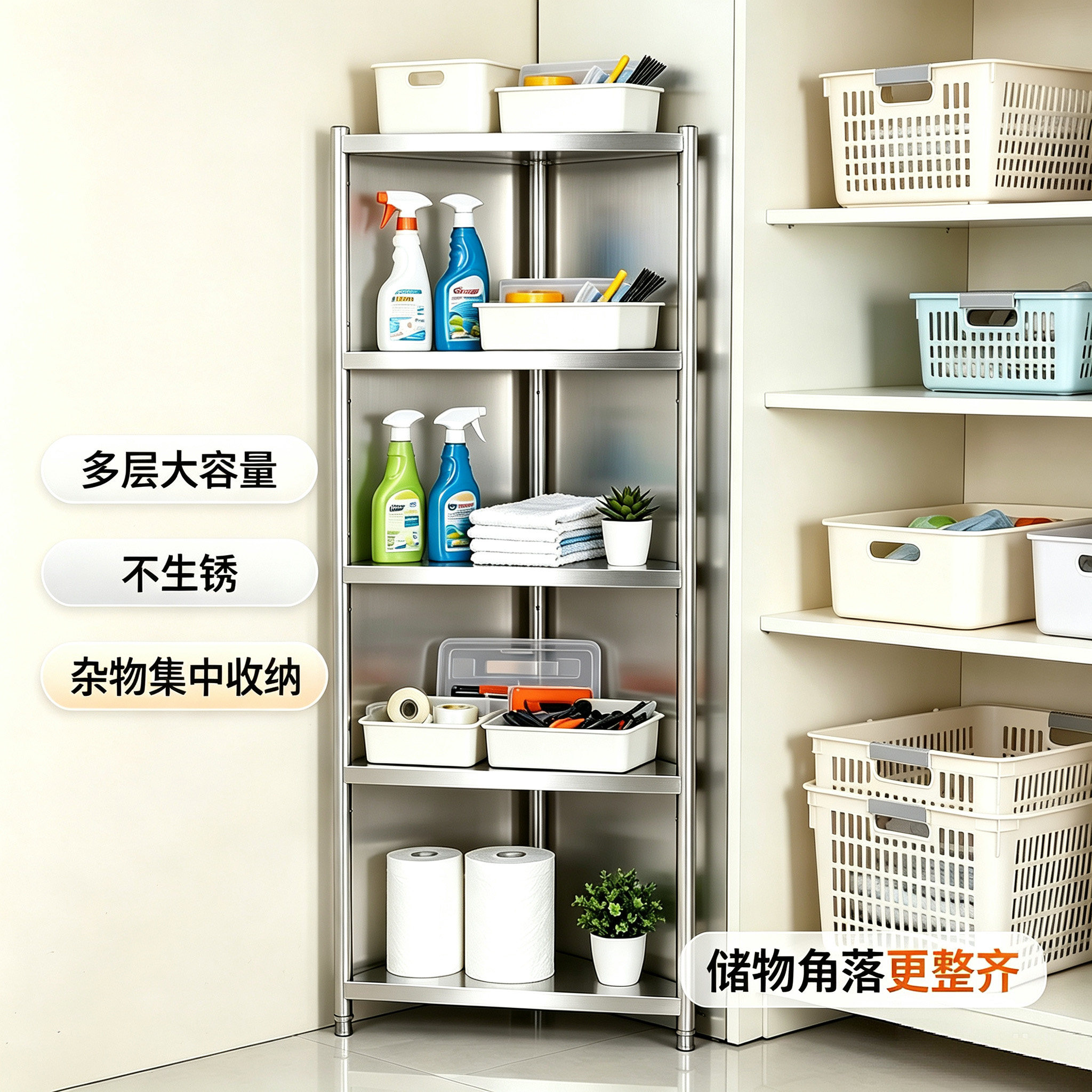 不锈钢三角形落地多层置物架厨房转角墙角多功能收纳锅具储物架