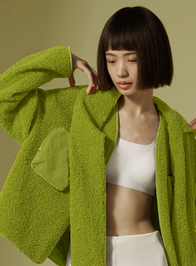 MS FAN羊羔绒外套女立领短款毛茸茸上衣绿色秋冬保暖外穿居家服
