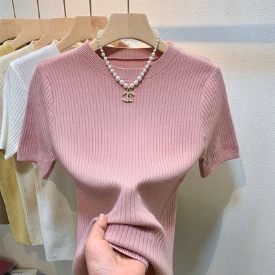 坑条基础辣妹风内搭针织上衣圆领