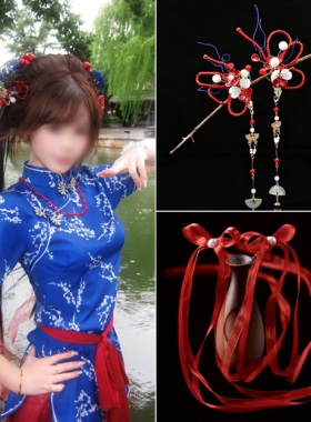 中华娘原创红色花朵发夹汉服旗袍
