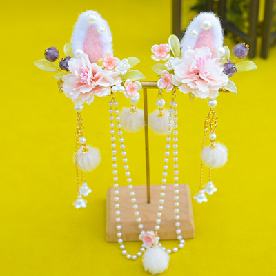 冬季毛绒绒兔耳朵发夹流苏后压